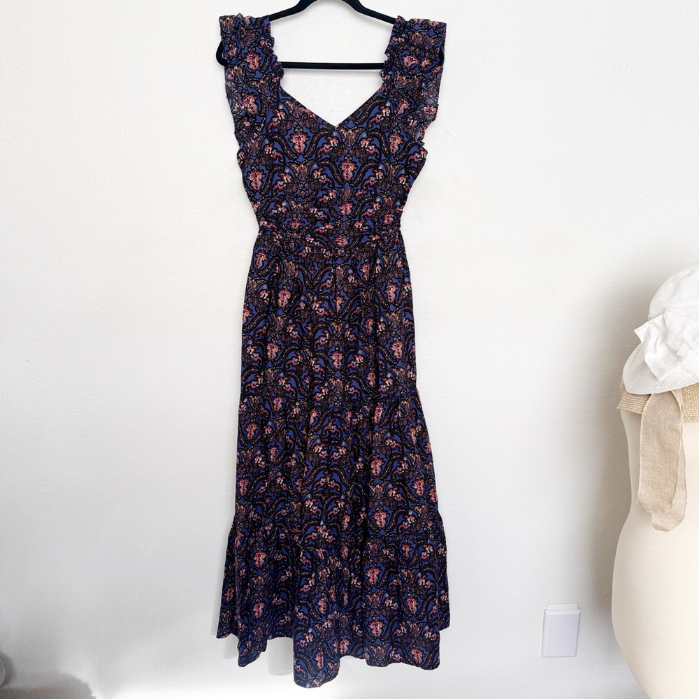 Caroline Constas Navy Pansy Print Smocked Sleeveless Maxi Dress Size XS NWOT - Picture 3 of 10